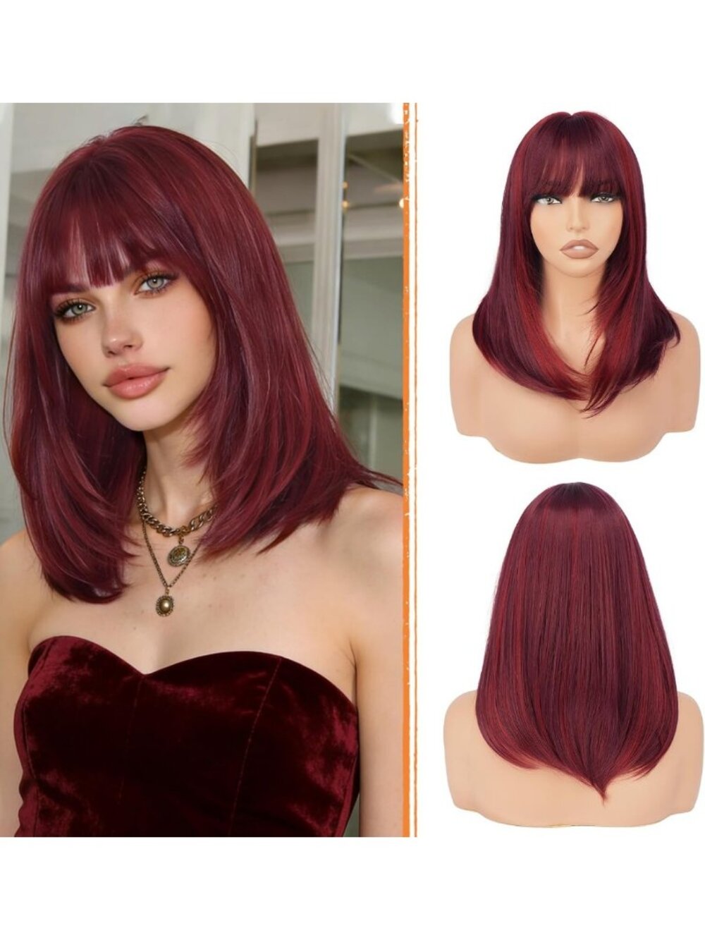 Vibrant Red Shoulder-Length Bob Wig with Bangs - Heat Resistant Synthetic Hair